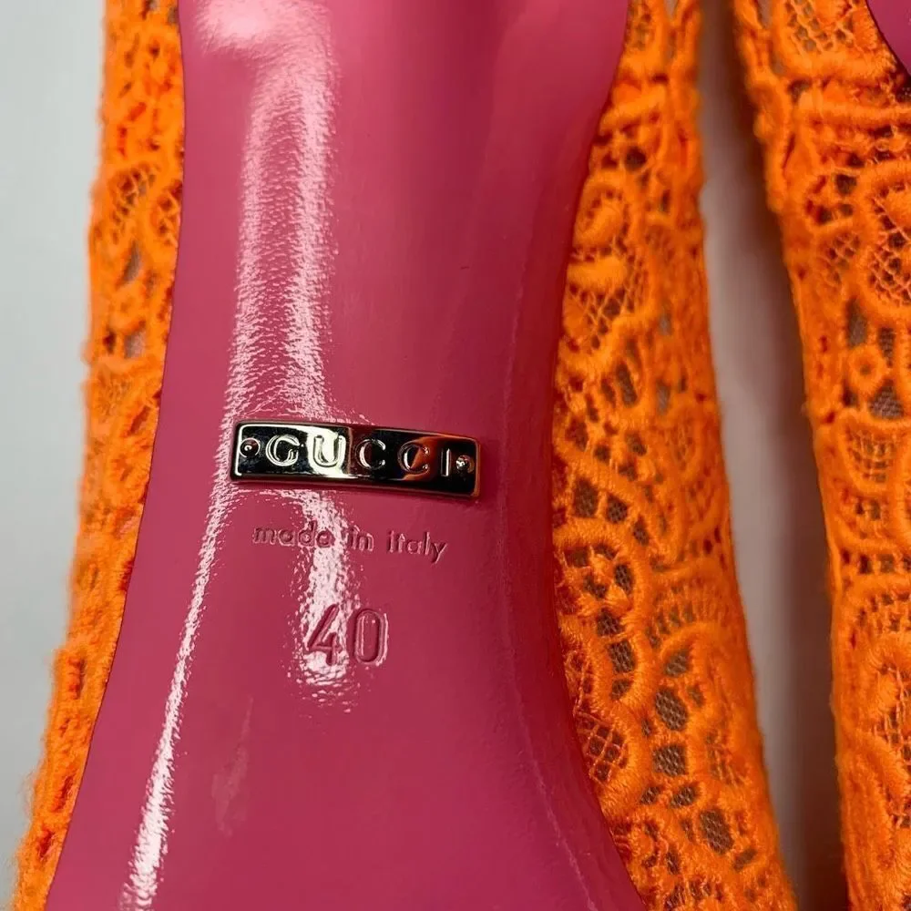 Gucci Virginia Lace Pumps Neon Orange EU 40 US 10 Mary Jane Lace Heels - Picture 10 of 11